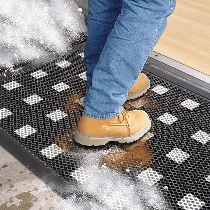 Front Door Mat Indoor Entrance 29.5"x17" for Apartments/Small Spaces, Heavy Duty Rubber Entryway Mats Backing Inside/Outside Dirt Trapping, All Weather Outdoor Rug Black and White