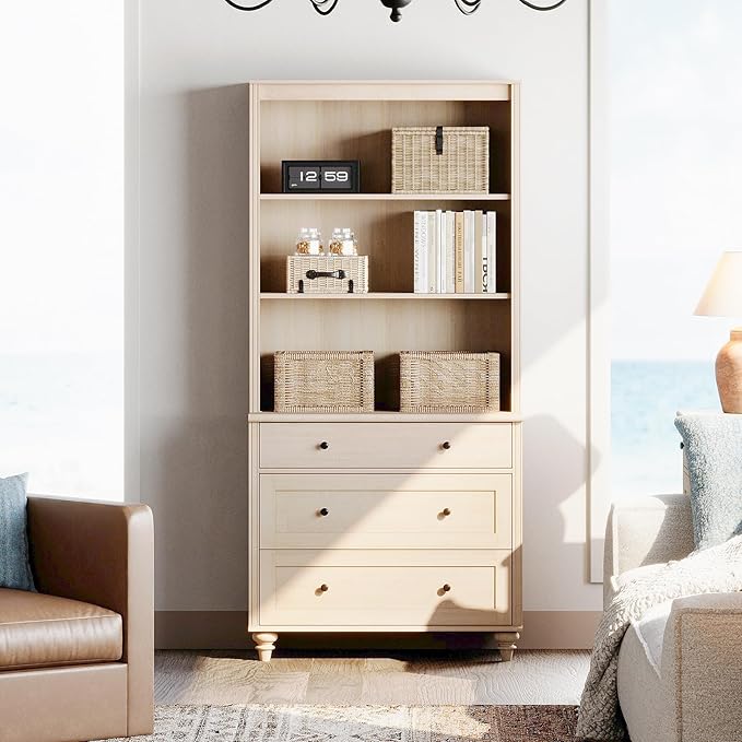 WAMPAT 3 Tier Bookshelf with 3 Drawers, 72" Tall Bookcase Large Farmhouse Display Book Case Shelf with 3-Tier Open Book Shelfs,Library Wood Bookshelves for Living Room,Kitchen, Light Oak