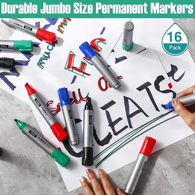 Fuutreo 16 Pcs Jumbo Size Permanent Markers Bulk Large Chisel Tip Permanent Markers Thick Waterproof Jumbo Pens Set Huge Poster Supplies(Multicolor)