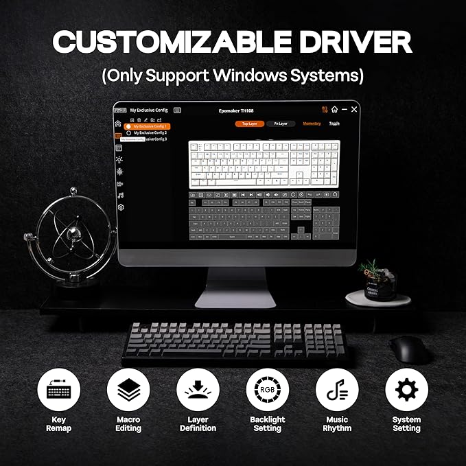 EPOMAKER TH108 Full Size Mechanical Keyboard, Wireless Gaming Keyboard, 8000mAh Battery, Creamy Gasket, 108 Keys, Hot Swap, Custom Driver, RGB Backlights (Black, Sea Salt Silent Switch)