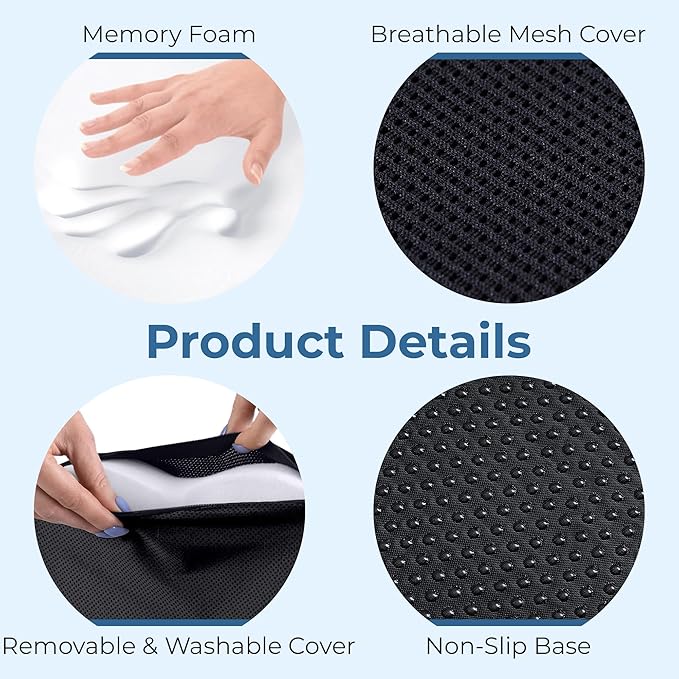 5 STARS UNITED Seat Cushion for Tailbone Pain Relief ā Memory Foam Cushion for Coccyx, Hemorrhoid, Sciatica & Post-Surgery Recovery ā Wheelchair, Car, Desk, Gaming & Office Chairs, Arctic Black