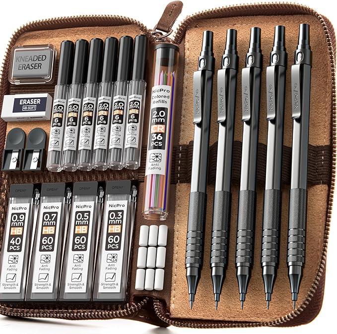 Nicpro 20PCS Black Metal Mechanical Pencil Set in Leather Case, Drafting Pencil 0.3, 0.5, 0.7, 0.9 mm & 2mm Lead Holders, 9 Tube (4B 2B HB 2H Colors) Lead Refills, Erasers For Art Sketching Drawing