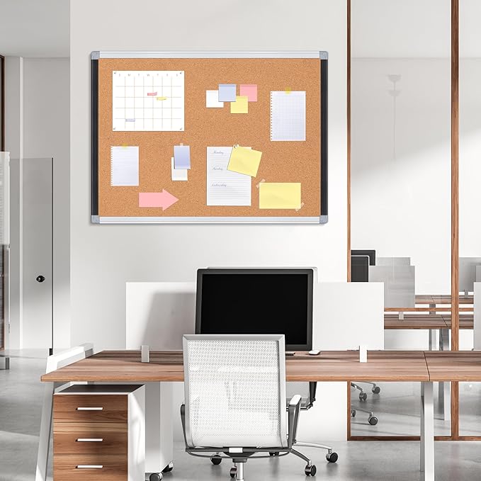 Board2by Cork Board Bulletin Board 24" x 18", Black/Sliver Aluminium Framed Corkboard, Office Board for Wall Decor, Large Wall Mounted Notice Pin Board with 18 Push Pins for School, Home & Office