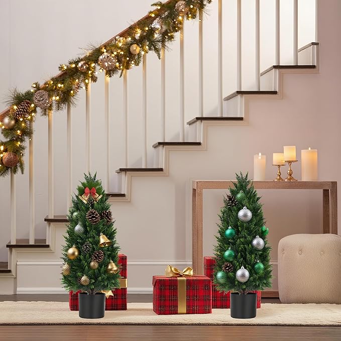 Artificial Cedar Trees, 3FT Tall Faux Tree Potted Plants with Trunk 36in Fake Cypress Tree for Indoor Outdoor Front Porch Garden Decor-2pack