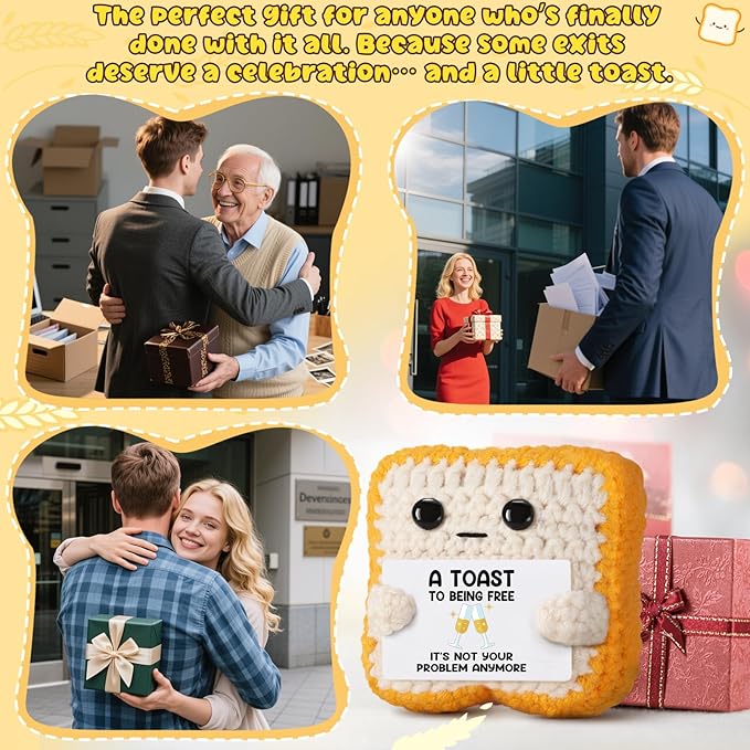 Crochet Toast “A Toast to Being Free” Plush – Funny Celebration Gifts for Woman Men Best friend Coworker “It’s Not Your Problem Anymore” Card for Leaving Workor, Retirement, Divorce, Graduation Gift