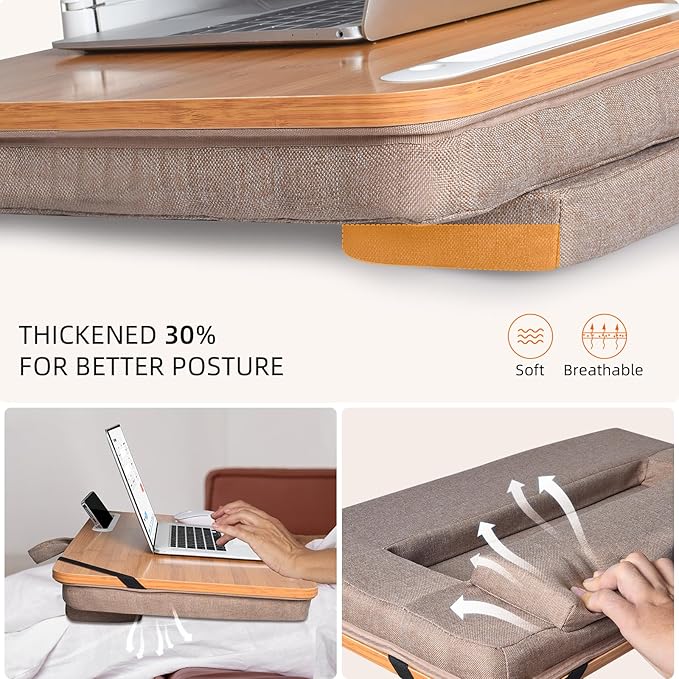 wishacc Oversized Bamboo Lap Desk with Phone/Tablet Slots & Cushion Pillow – Extra-Large Portable Laptop Stand for Home, Office, Bed, Car