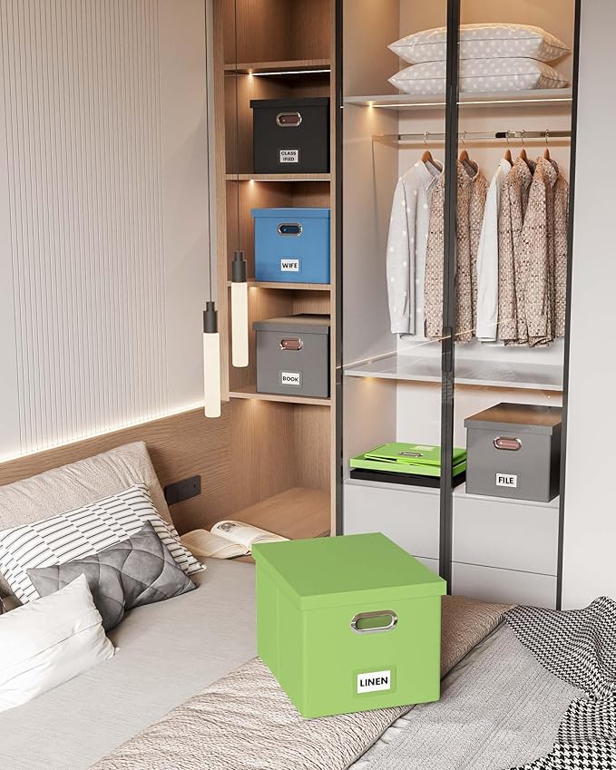 2 Pack File Storage Organizer, Portable File Box with Lid, Fit for Letter/Legal File Folder Storage, Fruit-green(Leather) Box