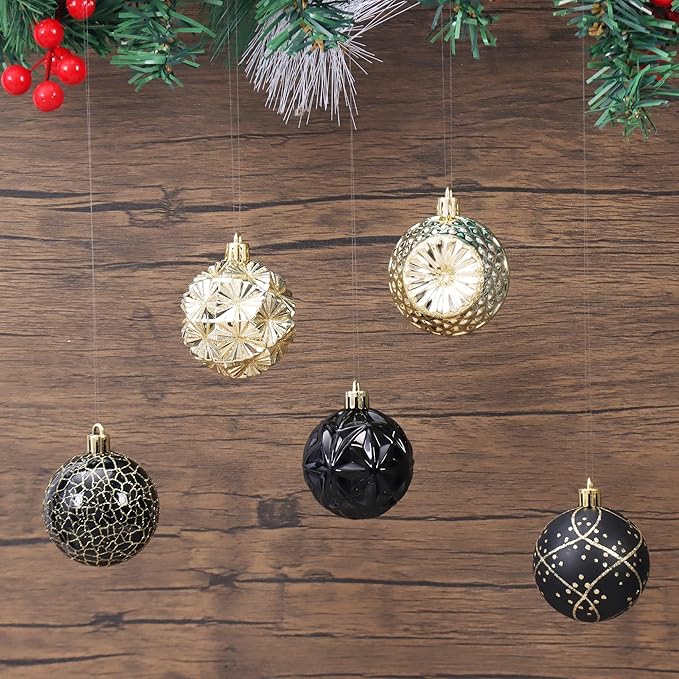 100ct Black and Gold Christmas Ornaments Set, Shatterproof Xmas Tree Ornaments Decorations Collection, Hanging Plastic Christmas Balls for Holiday Party Wedding (Black&Gold)