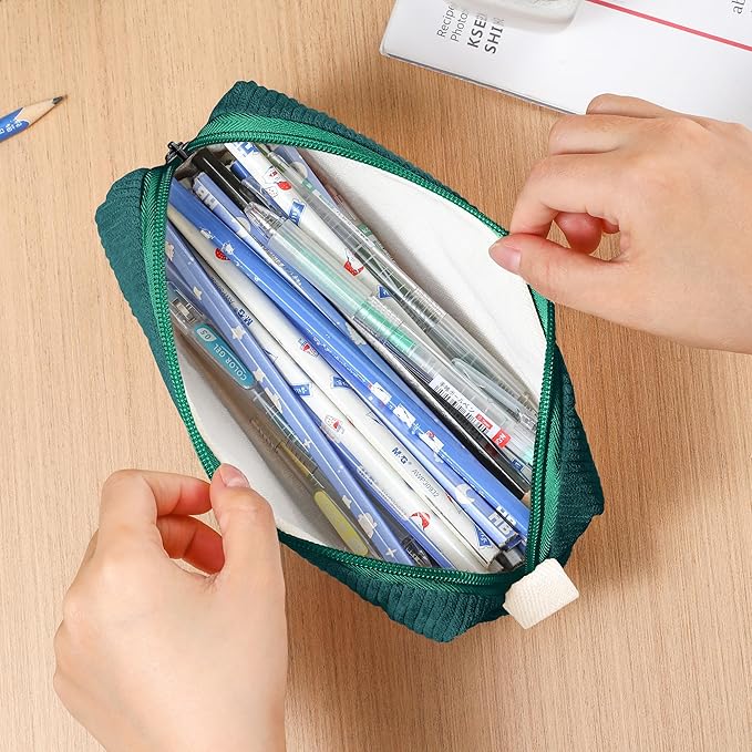Pencil Bag Pen Case, Soft Corduroy Small Pencil Pouch Organizer with Zipper, Cute Pencil Case Pouch Stationery for Girls and Boys – Dark Green