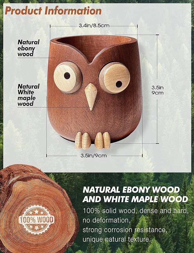 Cute owl pen holder Desk Organizer Decoration Pencil Holder Stand pen holder for desk phone stand for desk phone holder whole wood carving for office school Home office accessories gifts (dark brown)