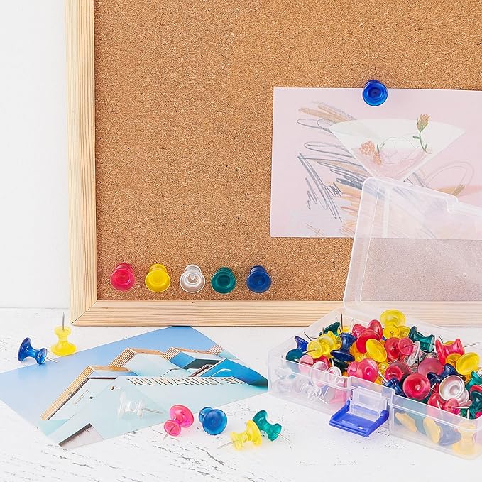 Outus 100 Pcs Giant Push Pins Large Thumb Tacks Plastic Heads 1 Inch Jumbo Push Pins for Cork Board Map Posters Office School(Rose Red, Clear, Dark Blue, Dark Green, Yolk Yellow)