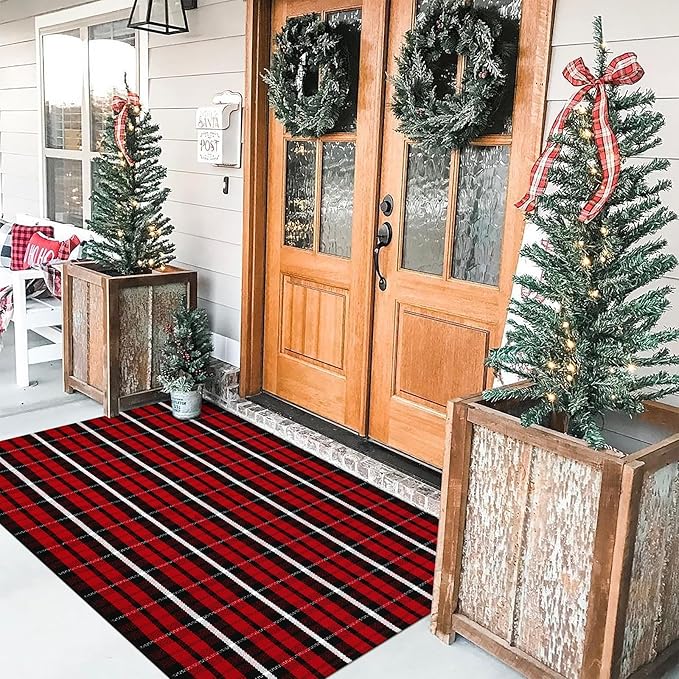 KIMODE Christmas Door Mat Outdoor 35"x59",Red and Black Buffalo Plaid Rug,Washable Cotton Hand-Woven Layered Door Mats,Reversible Outdoor Christmas Decor for Front Porch,Entryway,Kitchen