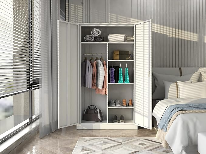 MIIIKO Steel Wardrobe with 2 Doors, White Metal Locker for Storage with Hanging Rod and 4 Shelves, Lockable for Bedroom and Home Office
