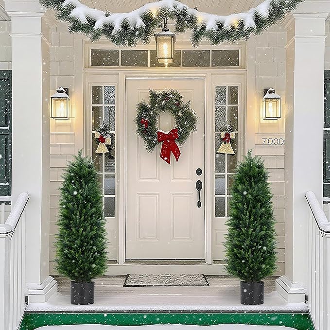 Artificial Cedar Trees, 4FT Tall Faux Tree Potted Plants with Trunk 48in Fake Cypress Tree for Indoor Outdoor Front Porch Garden Decor-2pack