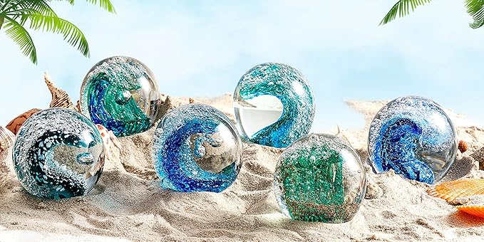 EUSTUMA Hand Blown Glass Figurines Ball Ocean Waves,Office Paperweight Glass for Desk,Home Decor Collectible,Aquarium Decor,Office Decor Ocean Lovers (Waves)