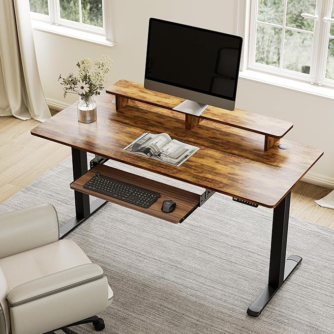 EUREKA ERGONOMIC Adjustable Keyboard Tray Under Desk, 28x11 Inch Large Slide Out Keyboard & Mouse Platform Tray, Wooden Pull Out Computer Keyboard Drawer for Typing Home Office Desk, Walnut