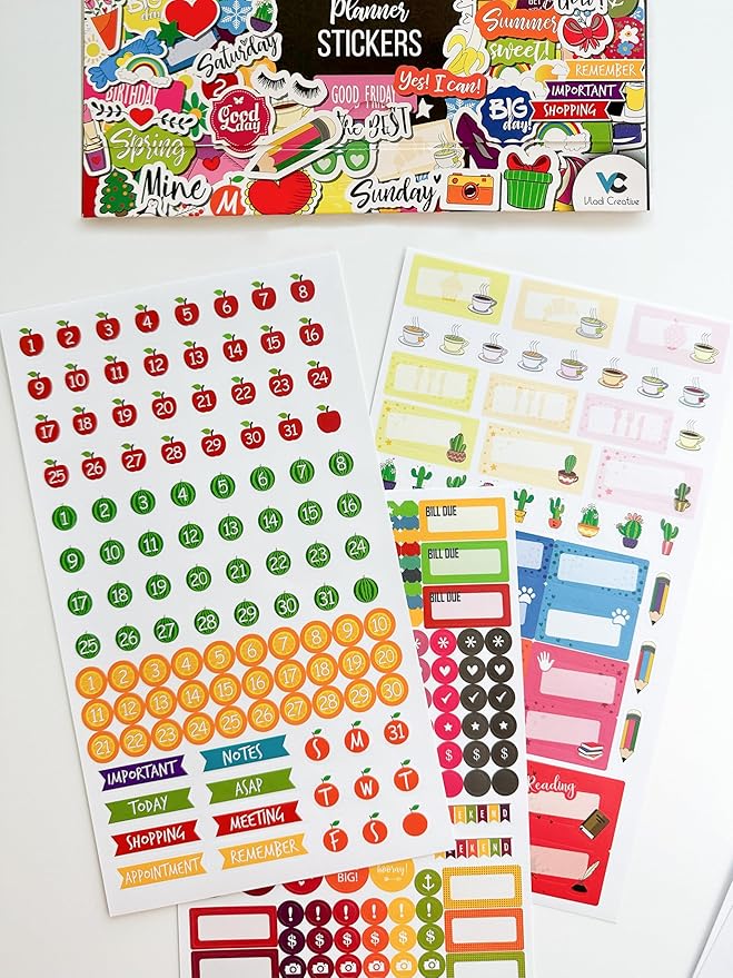 Vladi Creative Cute Colorful Planner Stickers – 1054 pcs / 15 Sheets – Functional & Decorative Icons, Dates, Weather, Flags – Writable Tabs for Bullet Journals, Calendars – Planner Accessories