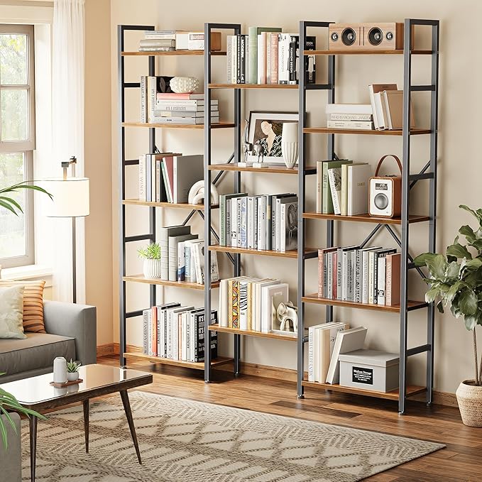 SUPERJARE Triple 5 Tier Bookshelf, Bookcase with 14 Open Display Shelves, Wide Book Shelf Book Case for Home & Office, Rustic Brown