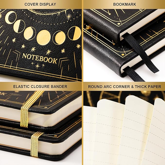 Artfan Ruled Notebook/Journal β Premium Thick Paper Faux Leather Classic Writing Notebook with Pocket + Page Dividers Gifts, Banded, Large, 144 Pages, Hard Cover, Lined (5.8 x 8.4) - Sun and Moon