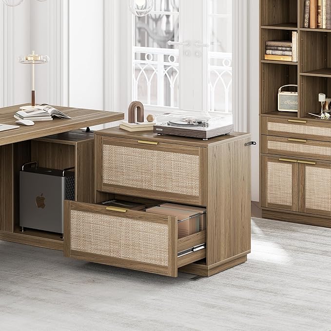 2 Drawer Rattan File Cabinet, 32'' Lateral File Cabinet for Legal/Letter/A4/F4 Size Hanging Files, Wood File Storage for Home Office, Natural Oak