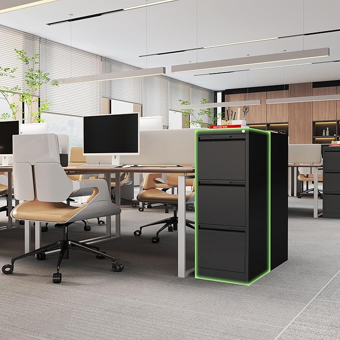 3-Drawer File Cabinet with Lock,Metal Vertical Filing Cabinets for Home Office,Under Desk File Cabinets for Letter/Legal/A4 Size Files,Easy Assemble,Black