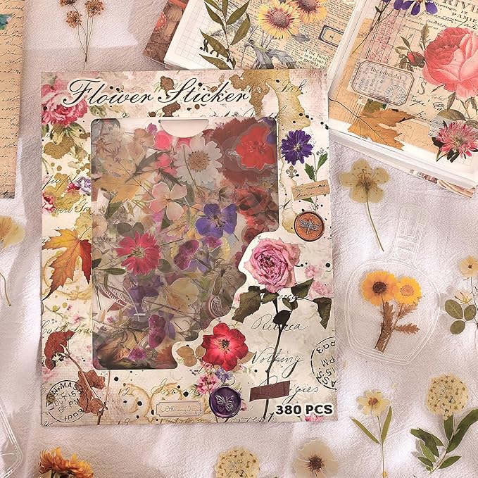 380 Pcs Natural Flower Stickers for Scrapbooking, Vintage Floral Stickers Decals Aesthetic Watercolor Stickers for Journaling Phone Case Stickers Art Bullet Junk Journal Planners DIY Craft Notebook