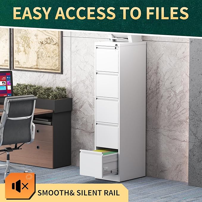 5 Drawer File Cabinet with Lock, Steel Vertical Filing Storage Cabinet for Home Office, Heavy-Duty File Cabinets for Letters/Legal/A4 (Require Assembly, White)