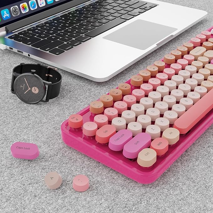 Wireless Keyboard and Mouse Combo, Ergonomic Full Size Typewriter Retro Round Keycaps Keyboard, Compatible with Windows, PC, Perfer for Home and Office Keyboards (Red)