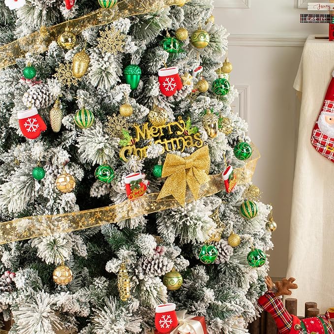 110Pcs Christmas Ball Ornaments Set, Assorted Green and Gold Christmas Ornaments for Xmas Tree, Shatterproof Plastic Baubles Hanging Decorations for Holiday/Party/Wedding