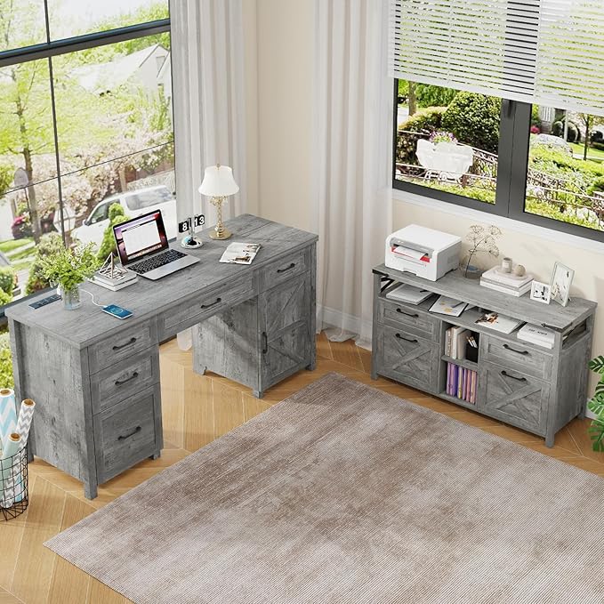 Farmhouse Filing Cabinet with Adjustable Shelf for Home Office, Lateral File Cabinets 4 Drawers with Open Storage Shelf, Filing Organization Storage Cabinets for Hanging Files Letter/A4.(Grey)