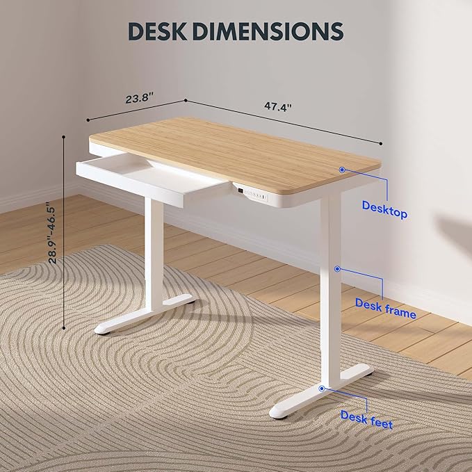 FLEXISPOT Comhar Electric Standing Desk with Drawer Desktop & Adjustable Frame w/USB Charge Ports (Bamboo-Look Laminate/White, Wood)