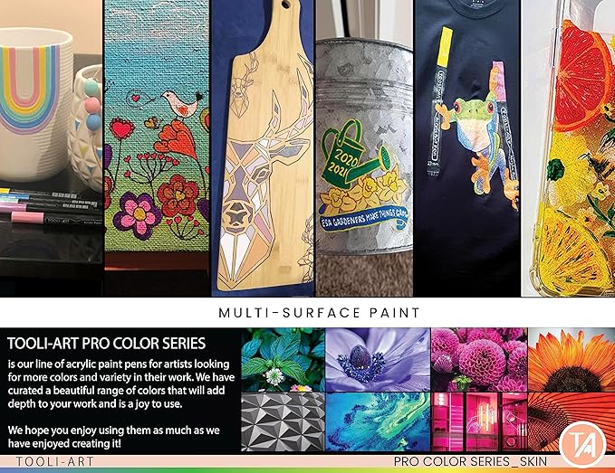 TOOLI-ART 22 Acrylic Paint Markers Paint Pens Pro Color Series Set 3mm Medium Tip for Rock Painting, Glass, Mugs, Wood, Metal, Glass Paint, Canvas, DIY. Non Toxic, Waterbased, Quick Drying (SKIN)
