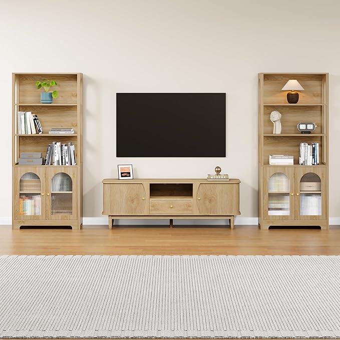 RARZOE Set of 2 Bookshelves and Bookcases, 5-Tier Arched Bookshelf with Glass Doors, Floor Standing 5 Shelf Book case, Wood Display Cabinet Storage Organizer for Living Room, Bedroom, Office(Natural)