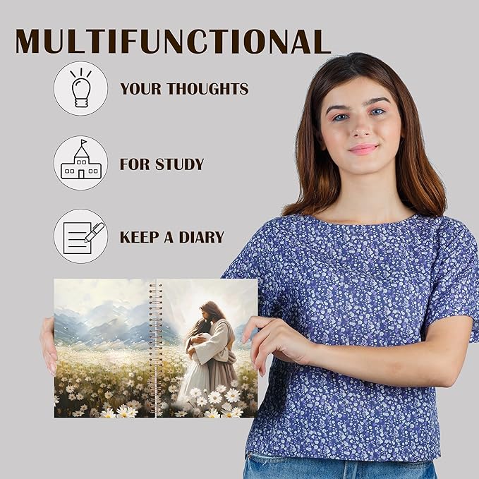 Qabliqo Jesus Christian Spiral Notebooks, Christian Gift Journal for Women, Daisy Flower Field Jesus Hugging Journals for Woman, Religious Notebook for Note Taking, 5.5x8.3 Inch