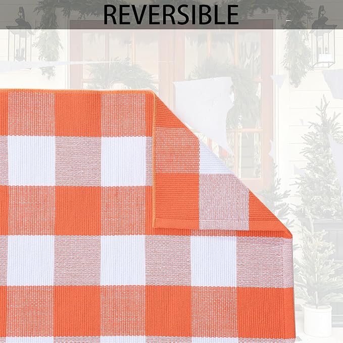 Orange and White Plaid Rug, 24'' x 51'' Fall Front Door Decor Mat, Cotton Washable Hand-Woven Door mat for Layered Doormat, Autumn Halloween Thanksgiving Carpet for Porch, Entryway