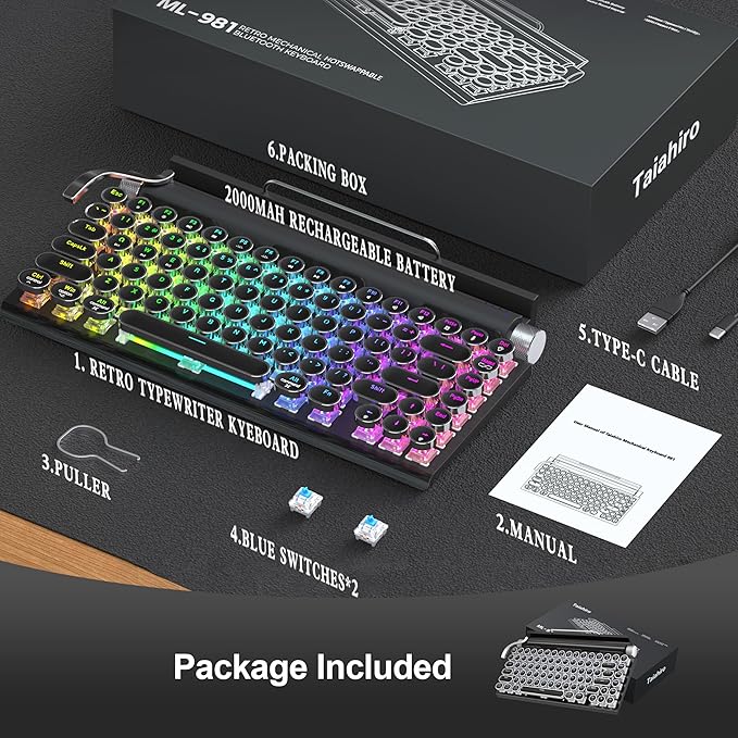 Retro Typewriter Mechanical Keyboard, Wireless Bluetooth 5.0 LED Backlit Office Computer Keyboards with 83-Key Clicky Blue Switches, Vintage Design for PC/Laptop/Mac/Pad/Phone/Gaming, Black