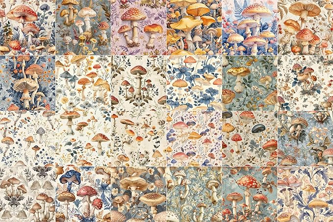FLONZ Scrapbook Paper (24 sheets 6"x6") Woodland Mushroom Parade ~ A whimsical array of stylized mushrooms illustrated in delicate vintage botanical technique with soft earthy tones storybook charm