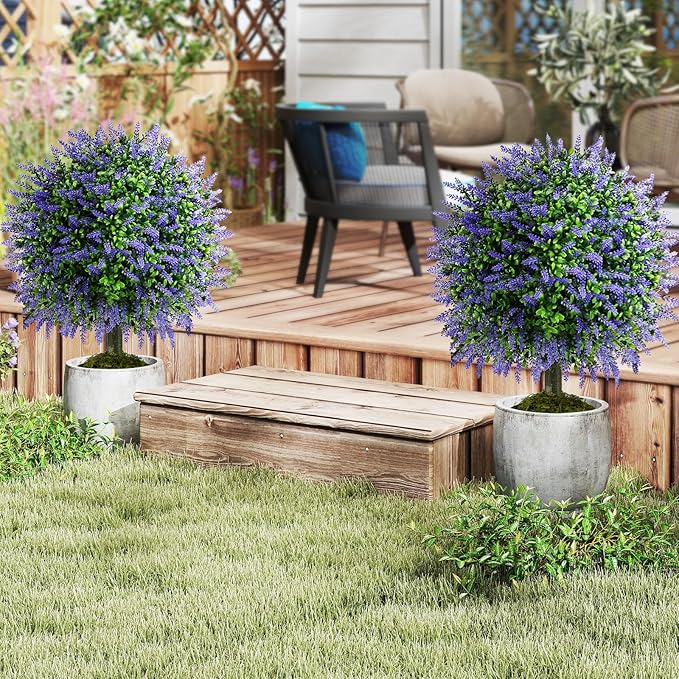 Goplus 22'' Artificial Wisteria Topiary Ball Tree, Set of 2 Faux Potted Plants Artificial Shrubs Bushes with Vivid Wisteria, Fake Evergreen Boxwood Topiary for Indoor Outdoor Home Front Porch Decor