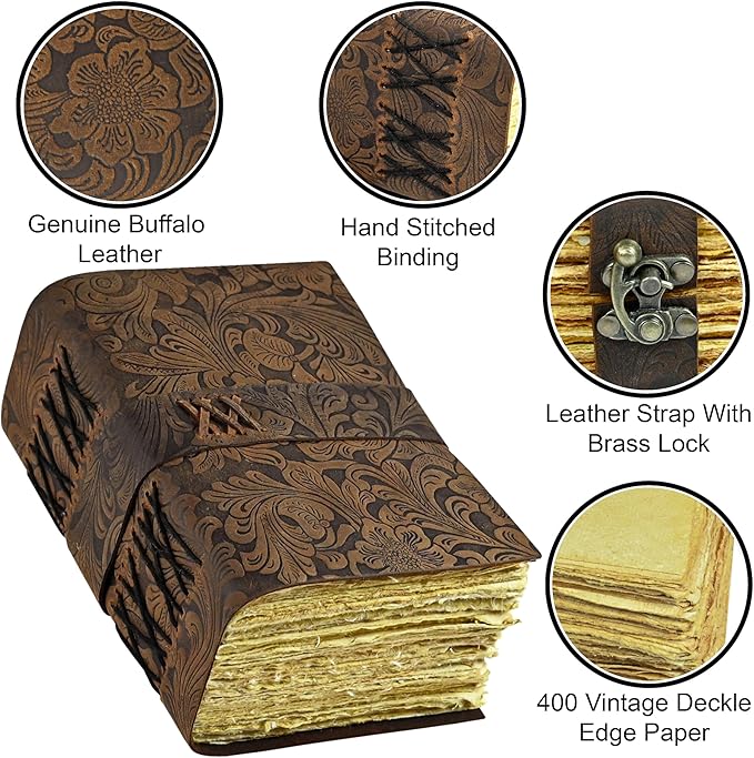 400 Page Leather Journal - Antique Handmade Deckle Edge Vintage Paper Leather Bound Journal - Book of Shadows Journal - Leather Sketchbook - Drawing Journal - Great Gift 7X5 Lock Brown