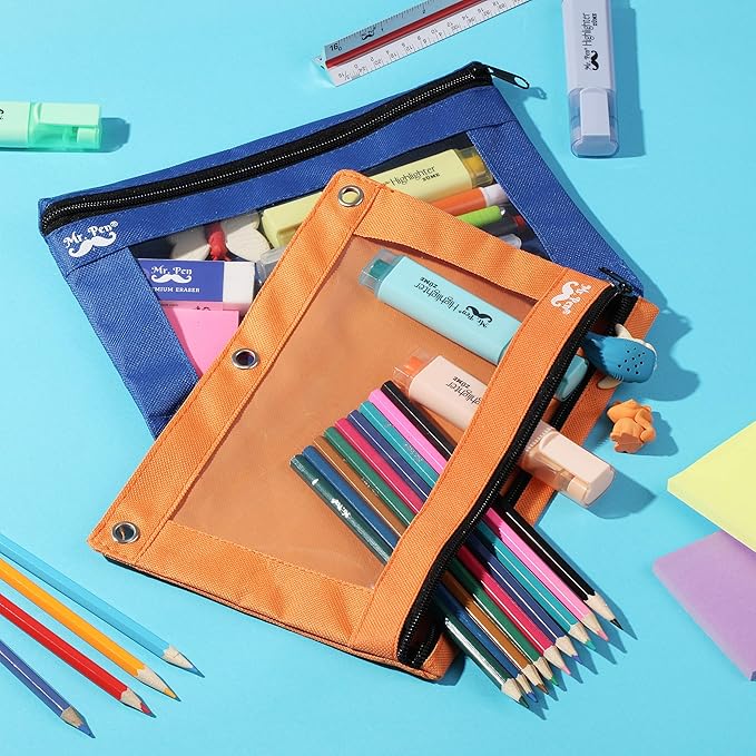 Mr. Pen - Pencil Pouch, Blue and Orange, 2 Fabric Pencil Pouches, Binder Pockets, Pencil Case, Binder Pouch, Pencil Bags, Pencil Pouch 3 Ring, Pencil Bags with Zipper, Zippered Pencil Pouch, Canvas