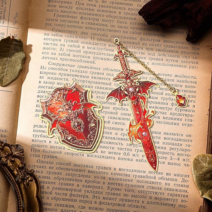 Dragon Knight Metal Bookmark & Book Clip Set - Sword Book Mark with Pendant & Shield Page Marker Clip - Fire Red Fantasy Gift for Men, Women, Kids, Readers, Book Lovers, RPG Gamers | Hymn to Heroes