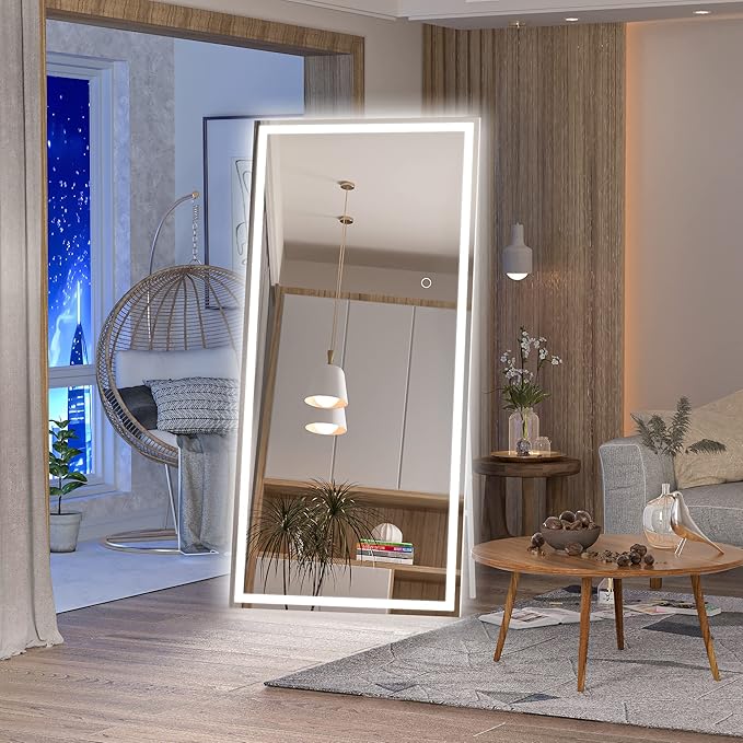 Hasipu Full Length Mirror with Lights, 71" x 32" LED Lighted Floor Standing, Full Body Dressing Hanging Mounted Mirror, Dimmable, Tempered Glass, Safe to Use, Square White