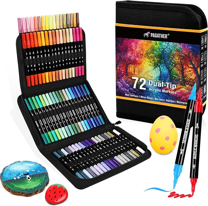 72 Colors Acrylic Paint Markers, Dual Tip with Fine Tip and Brush Tip Pens for Stone, Wood, Calligraphy, Canvas, Ceramic, Metal, Glass, Rock Painting, DIY Crafts Art Supplies Kit