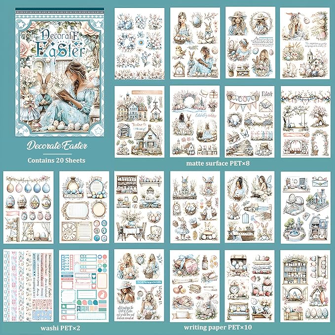 Snycler Easter Theme Sticker Scrapbooking Supplies for Junk Journal, 20 Sheets PET Stickers - Vintage Journaling Stickers, Ephemera Sticker Book Pre Cut, Planner, Junk Journal Supplies