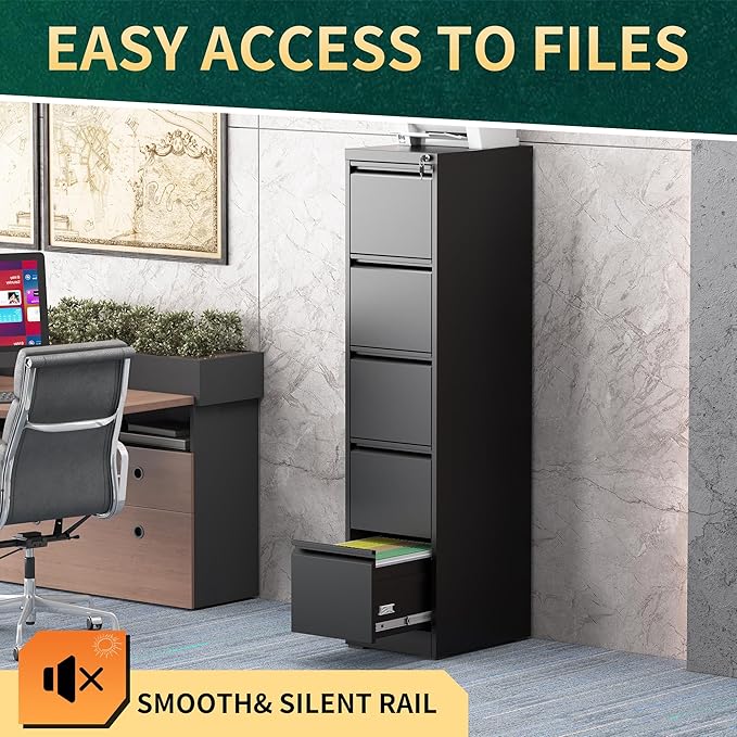 5 Drawer File Cabinet with Lock, Steel Vertical Filing Storage Cabinet for Home Office, Heavy-Duty File Cabinets for Letters/Legal/A4 (Require Assembly, Black)