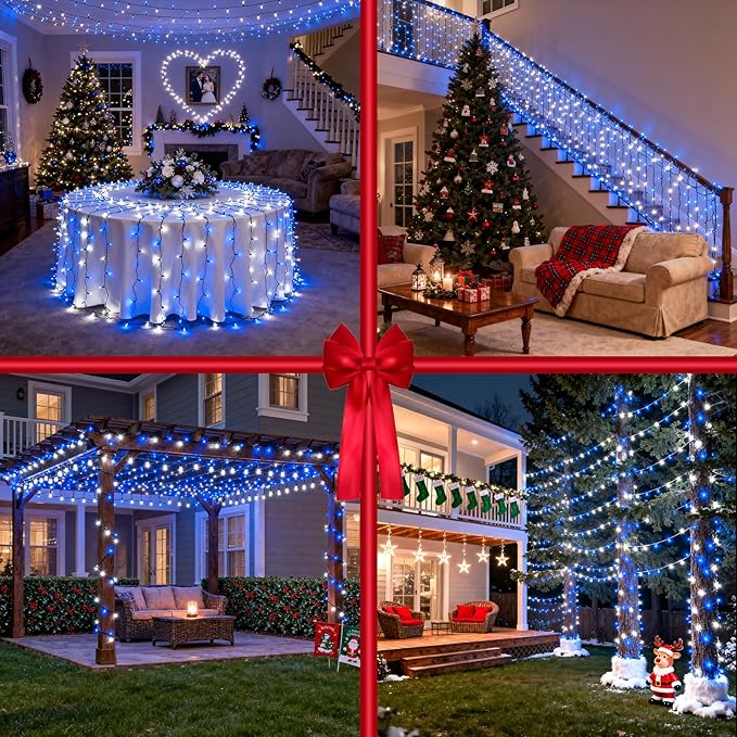 1500 LED 470FT Christmas Lights Outdoor, Christmas String Fairy Lights with Timer & Memory, Waterproof 12 Modes Dimmable Twinkle Tree Lights for Home Patio Wedding Party Yard Xmas Decor, Blue & White
