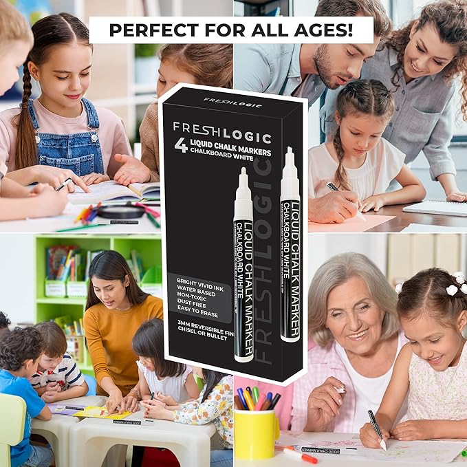 Liquid Chalk Markers - 4 White Fine Tip Chalk Pens, Erasable, Non-Toxic, Water-Based, Kids & Adults - White Chalk Markers for Blackboard, Glass, Chalkboard Paint for Businesses, Restaurants