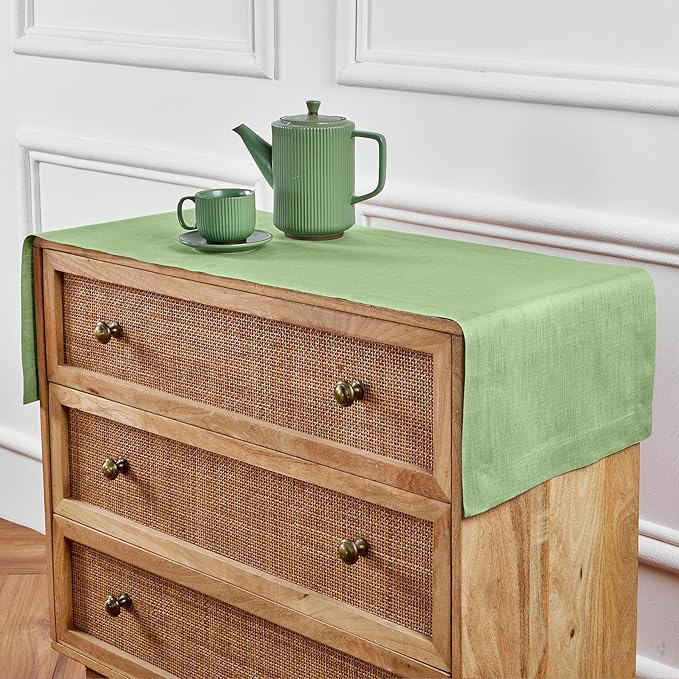 Solino Home Linen Laurel Green Table Runner 36 Inches - 100% Pure Linen Farmhouse Short Table Runner 14 x 36 Inch Ideal for Dresser and Coffee Tables - Fall, Autumn, Thanksgiving - Fete
