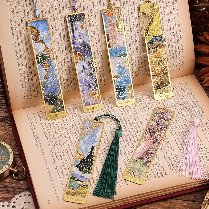 12 Pieces Metal Bookmarks with Tassel, Golden Hollow Bookmark Oil Painting Theme Girl Book Mark Bookmarks for Book Lovers Writers Readers Children Teens Men Women Adults