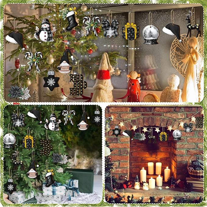 Huwena 36 Pcs Black Christmas Wooden Ornaments Black Christmas Decorations for Tree Snowman Gnomes Poinsettia Flowers Truck Wreath Wood Cutouts Tags with Ropes Winter Decor for Xmas Tree Gifts